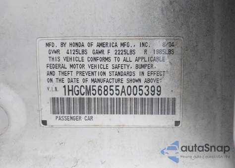 2005 Honda Accord 2.4 Ex z USA, uszkodzony, nr VIN 1HGCM56855A005399